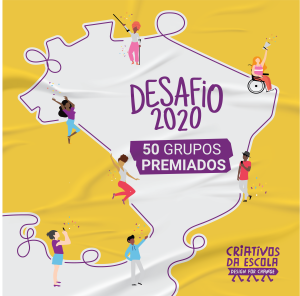 Descrição da imagem: Arte com fundo amarelo com textura de papel colado com algumas rugas. Ao centro, há um mapa vazado do Brasil formado por linhas arredondadas. Ao longo da linha, há ilustrações de jovens fotografando, dançando, mexendo no celular, etc. No centro do mapa está escrito, Desafio 2020 - 50 grupos premiados